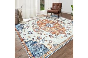 AOYAOMI Area Rug 5x7 Living Room Rugs - Large Washable Vintage Floral Boho Area Rug Non-Slip Bedroom Rug Soft Low-Pile Oriental Rug Indoor Carpet for Kitchen Entryway Dining Room (OrangeNavy, 5'x7')