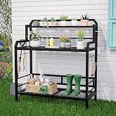 FUXJUM 3-Tier Outdoor Potting Bench, Gardening Table with 4 Side Hooks | Potting Bench with Storage, Heavy Duty Garden Workbench Suitable for Outdoor, Gardening, and Indoor Storage Shelves,Black