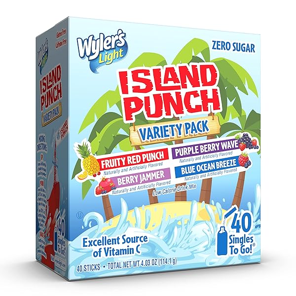 WYLER’S LIGHT ISLAND PUNCH SINGLES TO GO, VARIETY PACK, FRUITY RED PUNCH, PURPLE BERRY WAVE, BERRY JAMMER AND BLUE OCEAN BREEZE, 1 BOX (40 SINGLE SERVINGS)