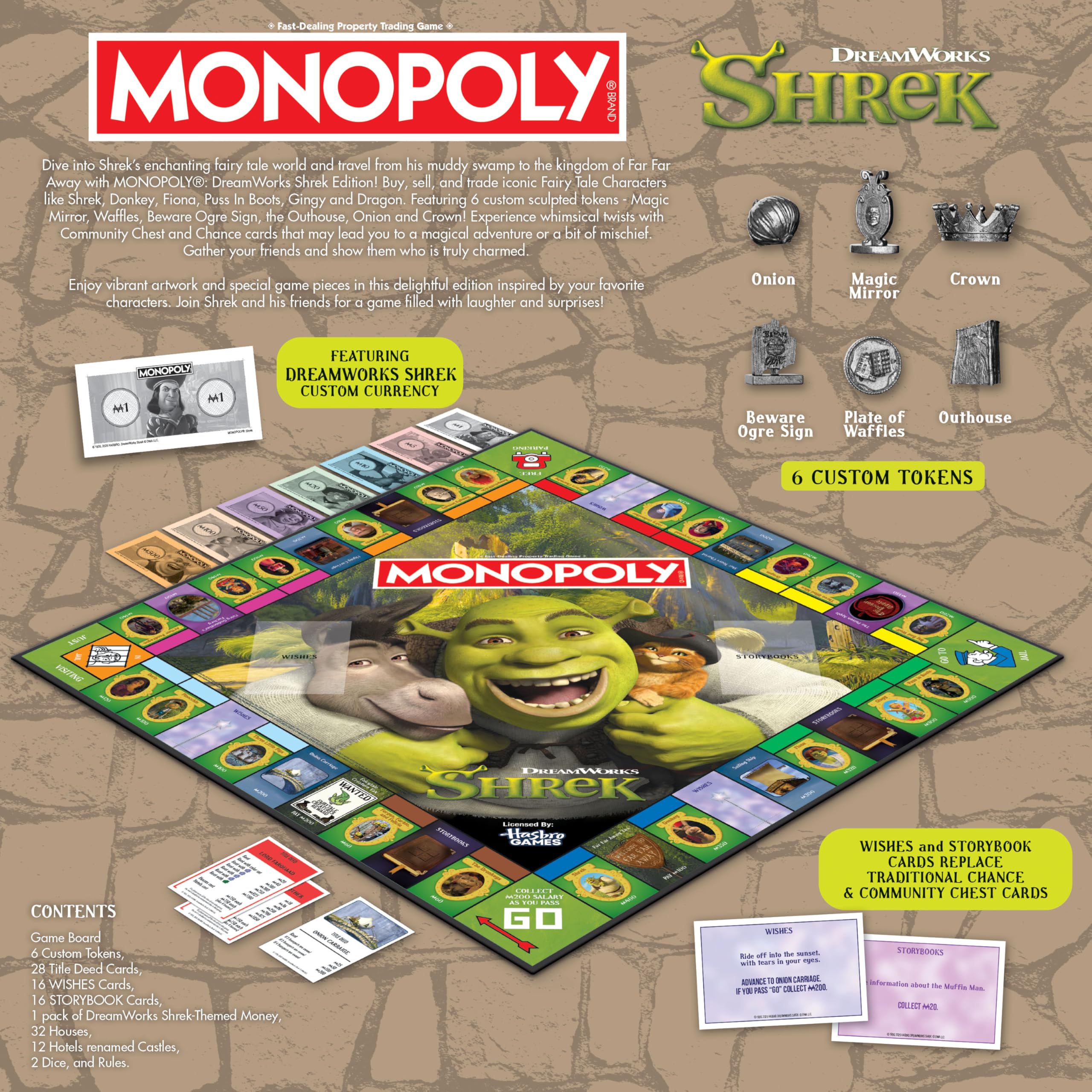 MONOPOLY: Shrek Edition Board Game, Buy, Sell & Trade, Iconic Fairy Tale Characters like Shrek, Donkey, Puss n Boots & More, Classic Family Game for Ages 8+, Officially Licensed DreamWorks Merchandise