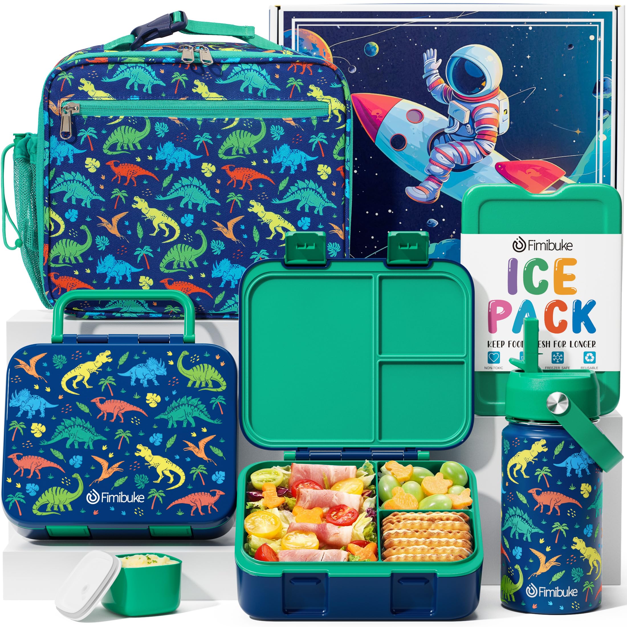 Photo 1 of Fimibuke Bento Lunch Box for Kids - Toddler Bento Snack box with 3 Compartments, Stainless Steel Insulated Water Bottle, Lunch Bag, Ice Pack Set, Back to School Birthday Gifts for Ages 3-12 Girls Boys