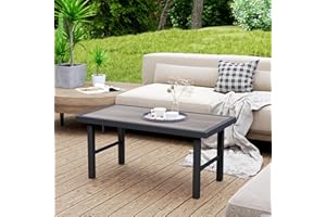 Outsunny Metal Patio Coffee Table, Rectangle Outdoor Side Table with SPC Woodgrain Tabletop, Foot Pads for Outside Garden Pat