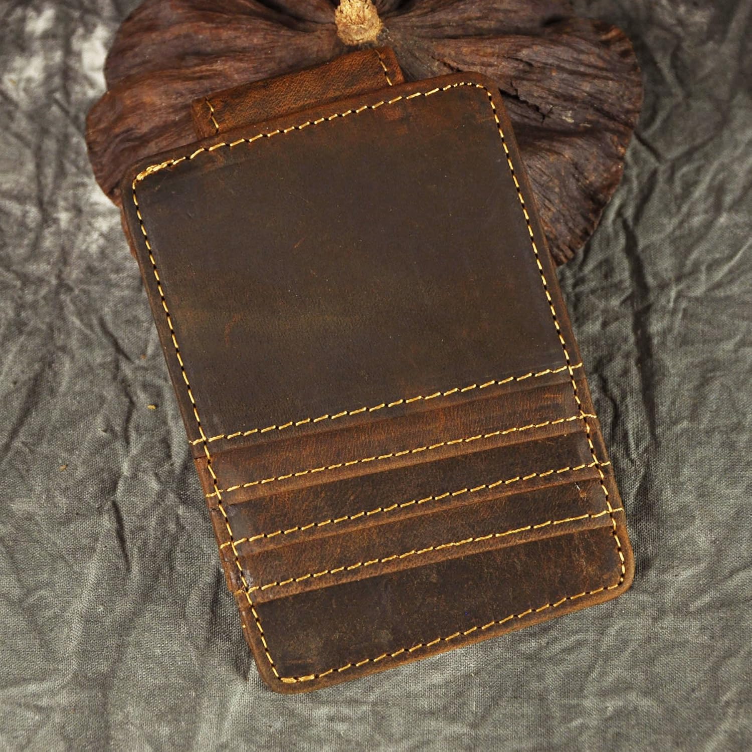 Le'aokuu Mens Genuine Leather Cowhide Magnet Money Clip Credit Case Case Holder Slim Wallet 1058 (1058 A-Dark Brown) - Image 4