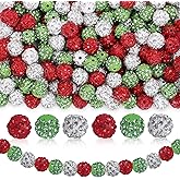 JarThenaAMCS 120Pcs Christmas Rhinestone Clay Bead 10mm Red Green White Loose Bead Sparkle Disco Ball Spacer Bead for Xmas Winter DIY Necklaces Bracelet Keychain Jewelry Making
