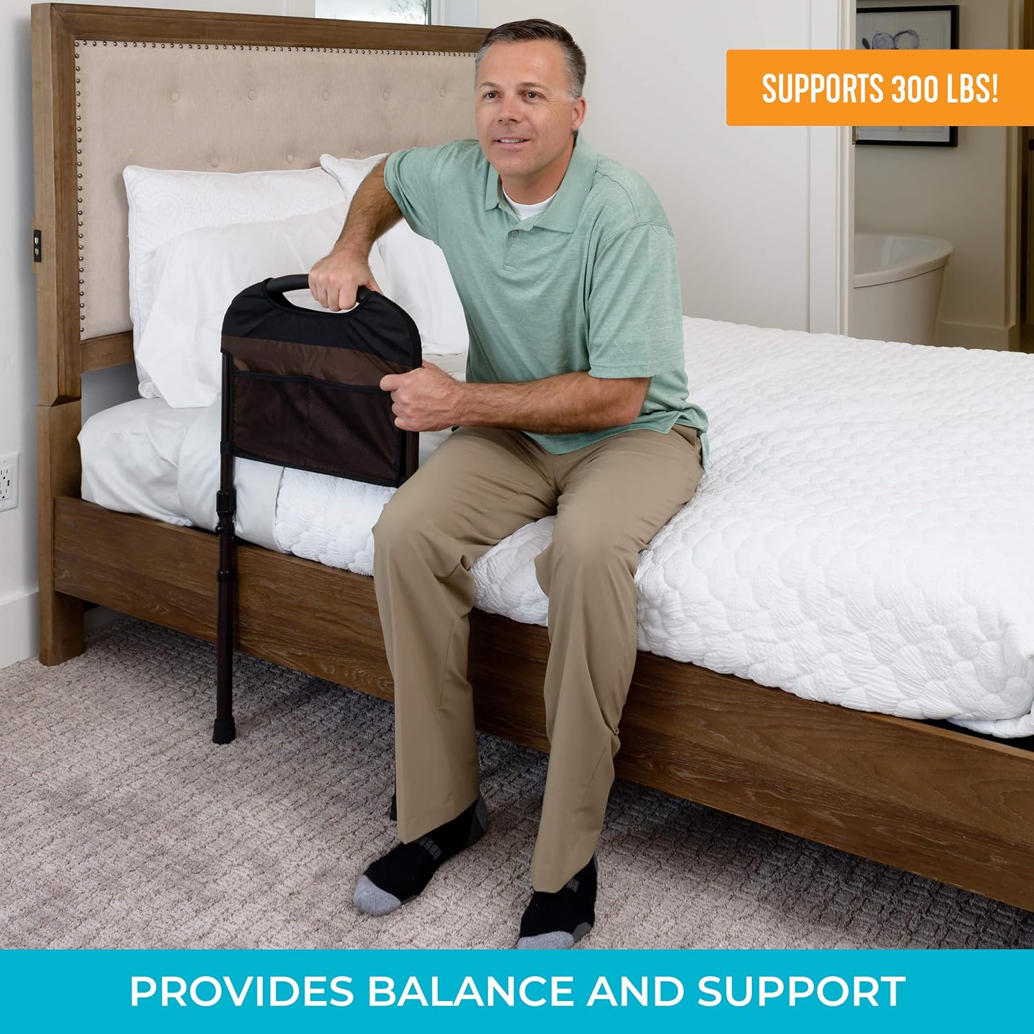 Stander Stable Rail, Bed Assist Rail for Elderly Adults, Senior Bed Handle with Adjustable Legs and Organizer Pouch: Health & Personal Care