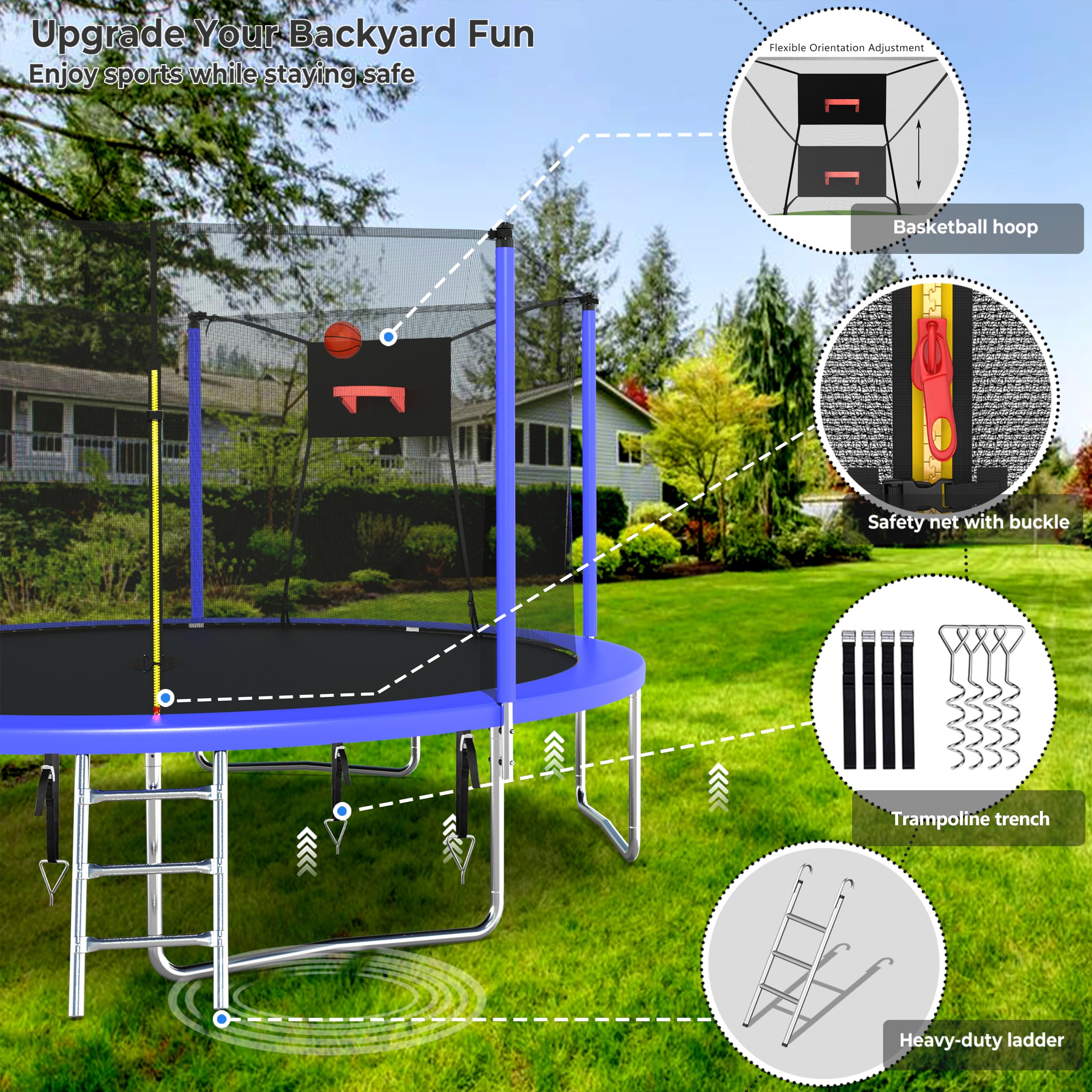 Lyromix Upgraded 14FT Trampoline for Kids and Adults, Large Outdoor Trampoline with Stakes, Light, Sprinkler, Backyard Trampoline with Basketball Hoop and Net, Capacity for 4-6 Kids and Adults
