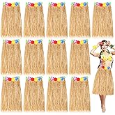 Unittype 12 Pcs Hawaiian Raffia Skirts Bulk, Elastic Hibiscus Flowers Luau Hula Skirt for Beach Party Costume(Straw Color)