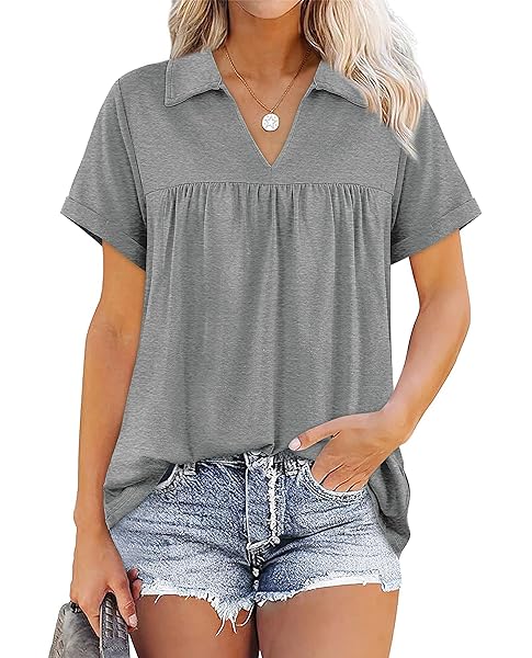 QVESELU WOMENS SUMMER DRESSY CASUAL COLLARED V NECK SHORT SLEEVE LOOSE FIT CUTE BABYDOLL TUNIC TOPS AND BLOUSES LADIES PLAIN COTTON WORK BUSINESS POLO T SHIRTS SPRING FALL FASHION 2023 GREY