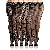 Fourluoo 6 Pairs Fishnet Stockings for Women Black Lace Tights High Waist Tights Patterned Goth Fishnet Leggings Pantyhose