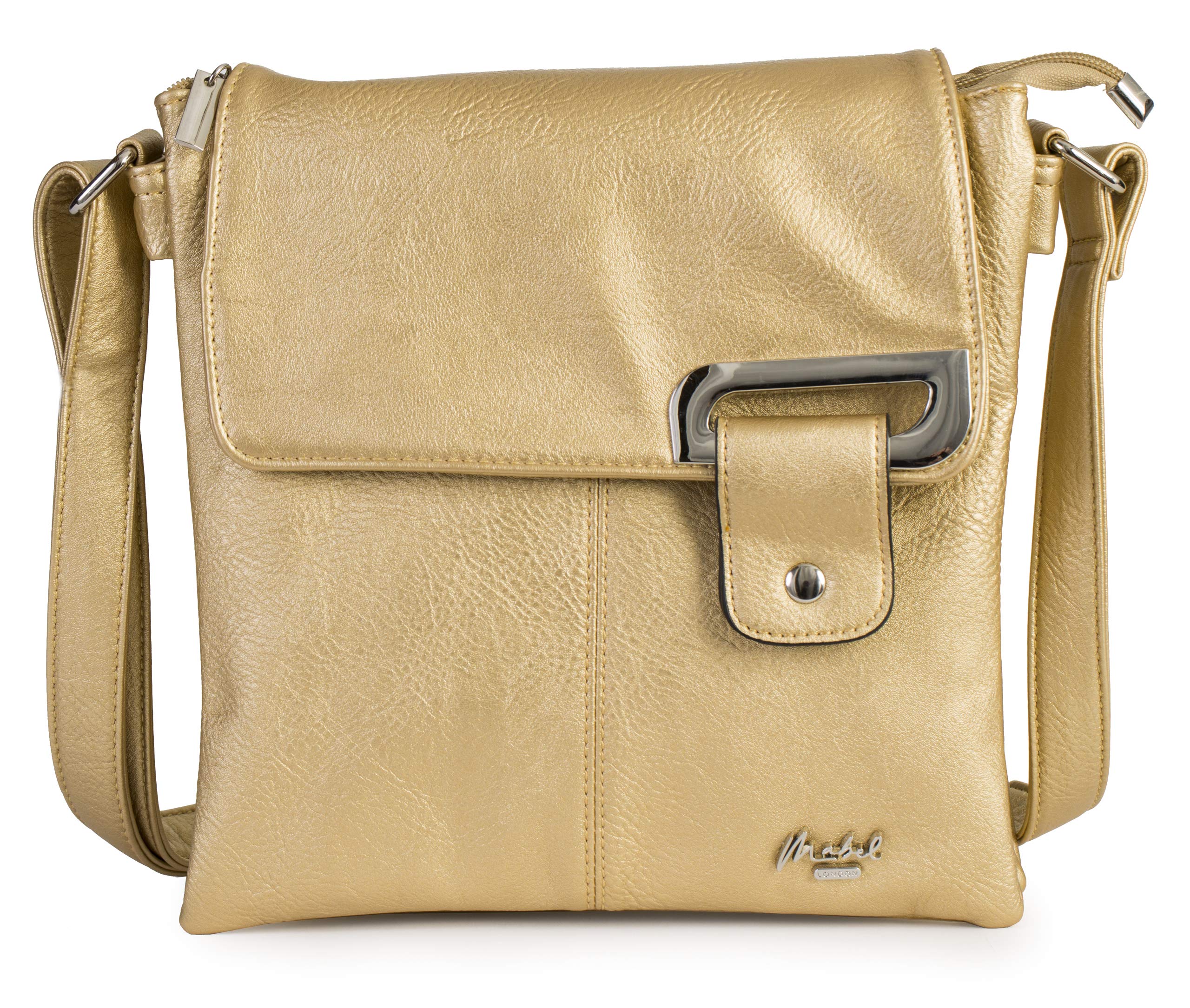 Mabel London Women's Crossbody Messenger Bag – Medium Shoulder Handbag with Adjustable Strap and Gold or Silver Trim – Faith (Gold - Silver Trim)