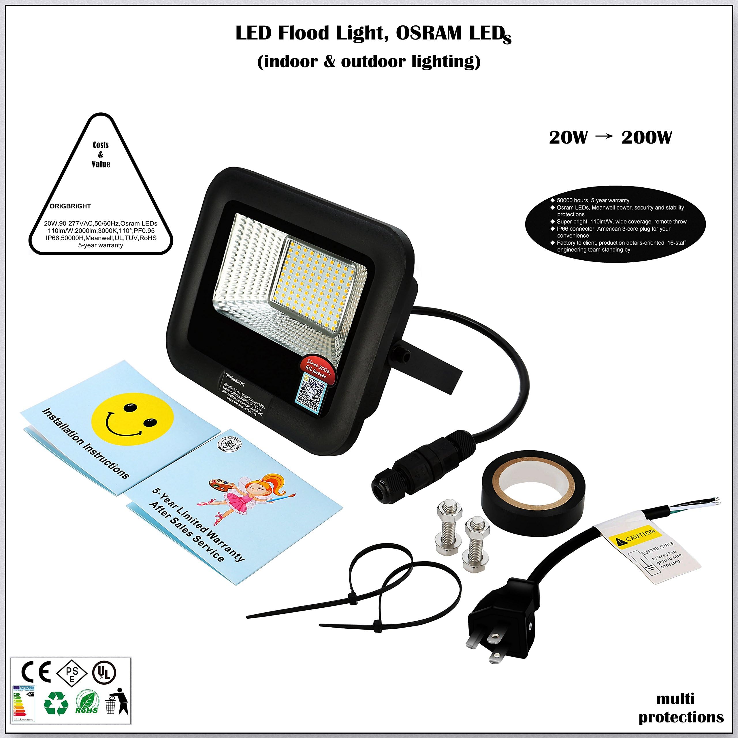 ORiGBRiGHT 20W LED Flood Light, LED Work Light, Osram LED, 101lm/W 2094lm, 3200K, Meanwell Power, IP66, UL, 5-Year Warranty, US Plug, Indoor, Outdoor, Garden, Landscape, Yard, Garage, Camp Lighting