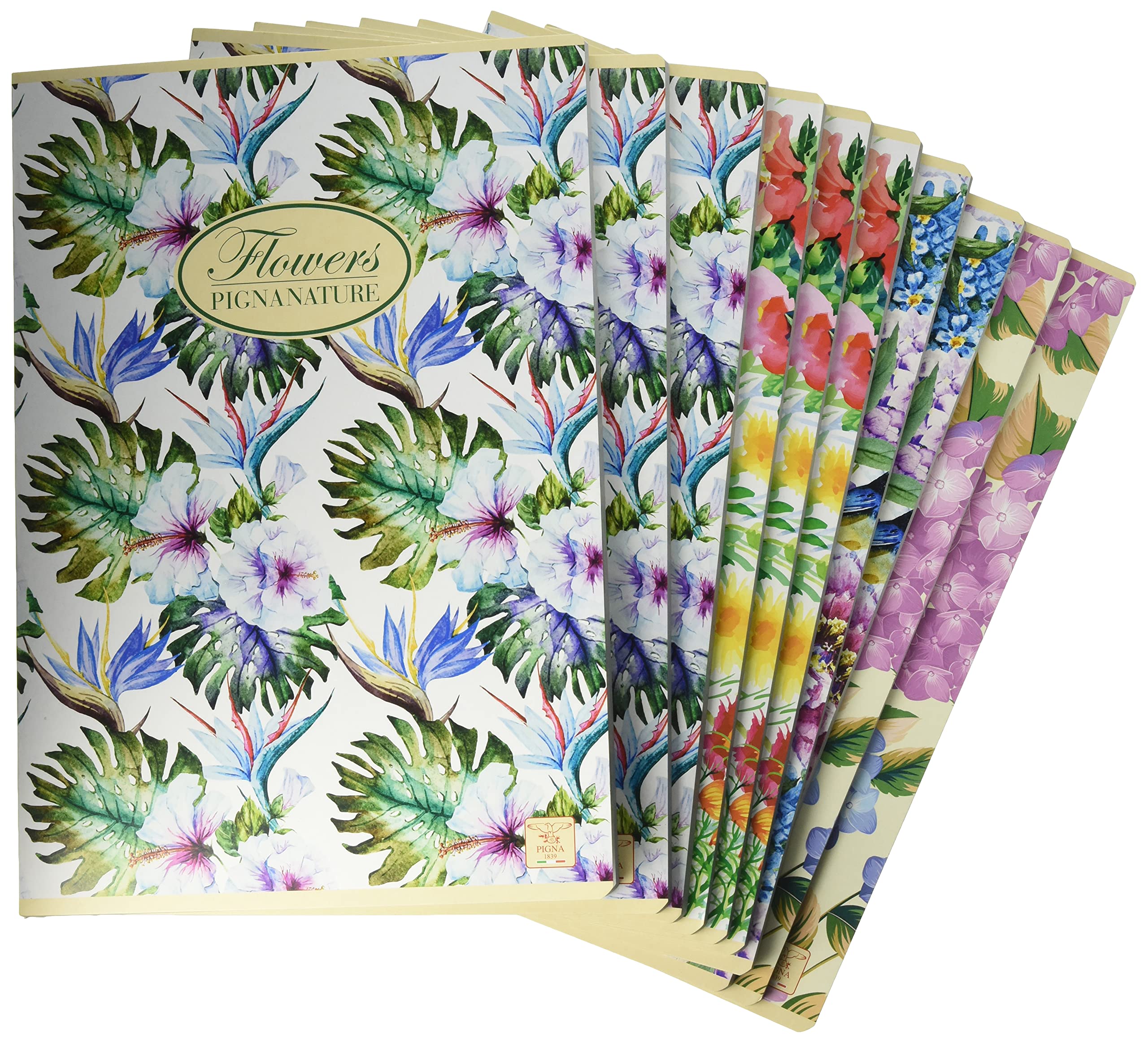 Pigna 02088361R Nature Flowers Notebook A4, Ruling 1R, Lines for Medium and Higher, Recycled Paper 80 g/m², Pack of 10