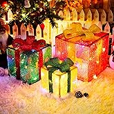 Set of 3 Christmas Lighted Gift Boxes,Outdoor Christmas Decorations,Featuring Reindeer Decorations,Battery Operated Light Up Present Boxes for Christmas Trees Indoor Outdoor Home Yard Lawn Decor
