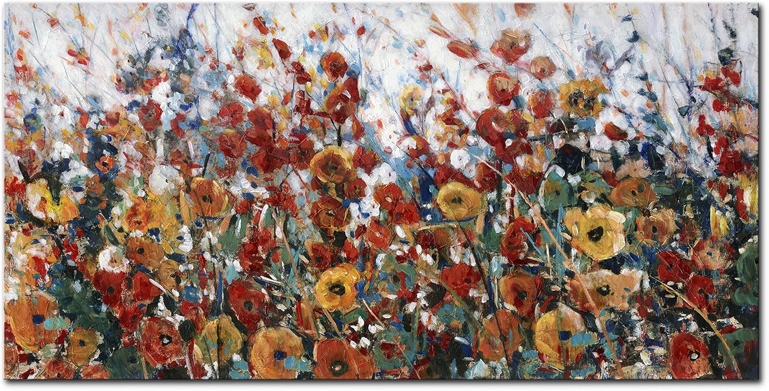 Paintings - Yuegit Art Hand Painted Contemporary Flowers Canvas Wall Art : Abstract Wall Art Paintings for Wall Decorations Wall Paintings for Living Room Home Office Ready to Hang 24X48Inch (Red)