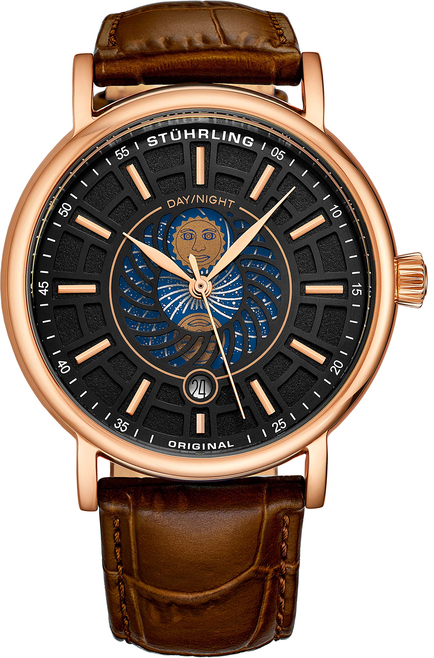 Stuhrling Original Mens Day/Night Dress Watch - Stainless Steel Case and Leather Band - Analog Dial with Date and Day/Night Complication Duet Mens Watches Collection (Rose Gold)