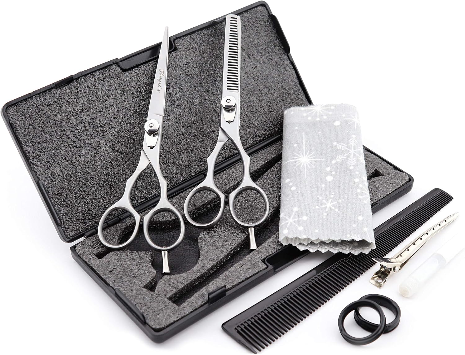 Haryali London Professional Hairdressing Barber Scissors Set Thinning Texturing Hairdresser Hair Cutting Shears with Adjustable Screw, Comb, Oil Bottle, Cloth and Hair Clipper Comes in Black Box