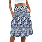 Naggoo Womens Summer Elastic High Waisted Midi Skirts Flowy Aline Pleated Knee Length Skirt with Pockets S-XXXL