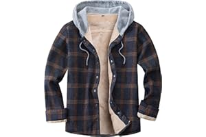 IVUMA Men's Cotton Plaid Long Sleeve Shirts Jacket Fleece Lined Flannel Shirts Sherpa Button Down Coat with Hood