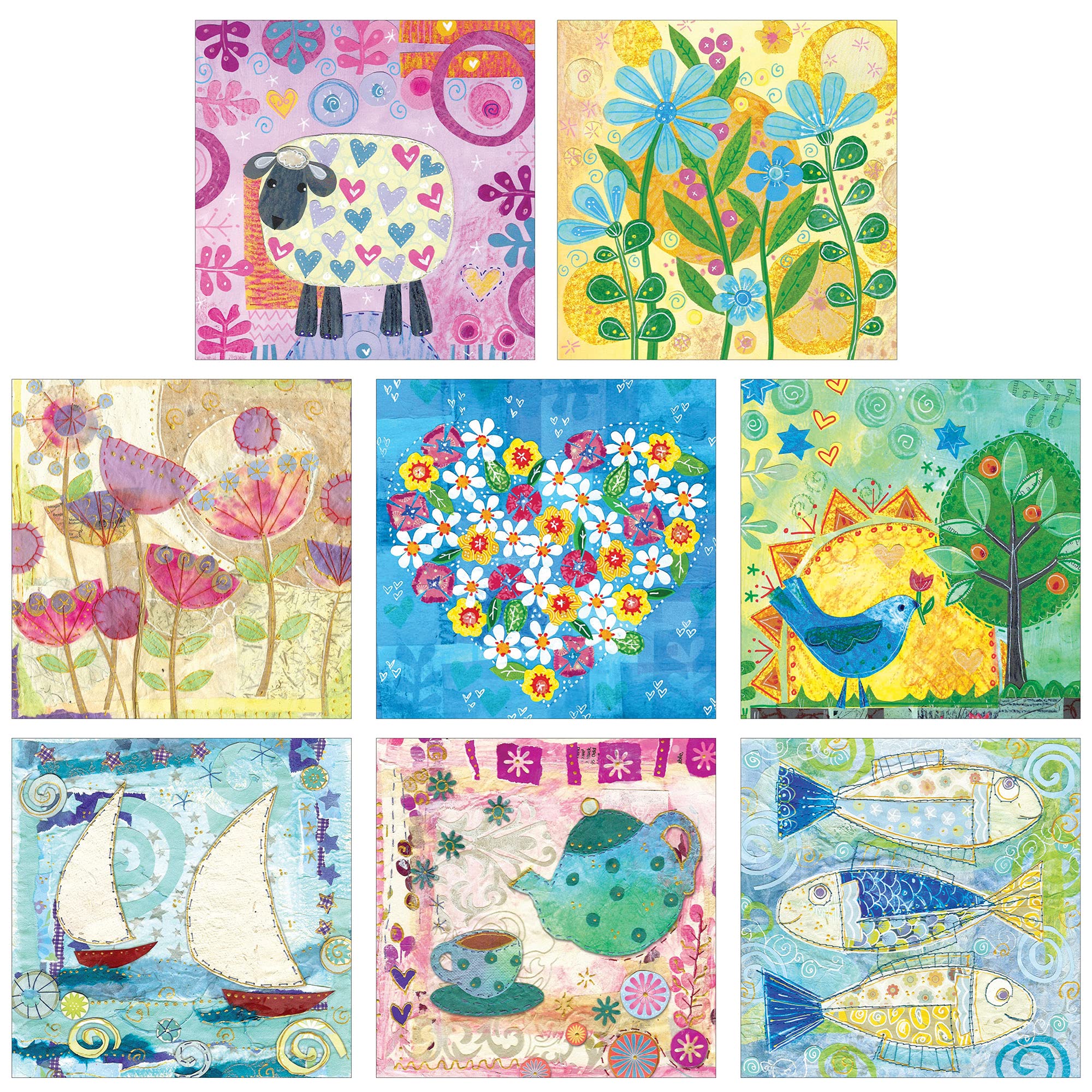 Notelets with envelopes - 8 inspirational cards, blank inside for your own message. Cards 11x11cm in size, by Just Cards Direct. (Sheep, Flowers, Heart, Teapot)