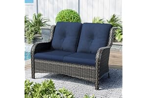Gardenbee Patio Loveseat 2-Seat Wicker Sofa Outdoors - Deep Seating and Soft Cushions, for Porch Deck Balcony, Hand-Woven Mixed Rattan, Blue