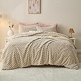 Simple&Opulence Fluffy Faux Fur Comforter Set, Plush Fuzzy Minky Bedding Set, 3 Pieces Warm Soft Comforter Bedding Set for Winter - 1 Shaggy Comforter with 2 Pillow Shams(King, Grid - Khaki)
