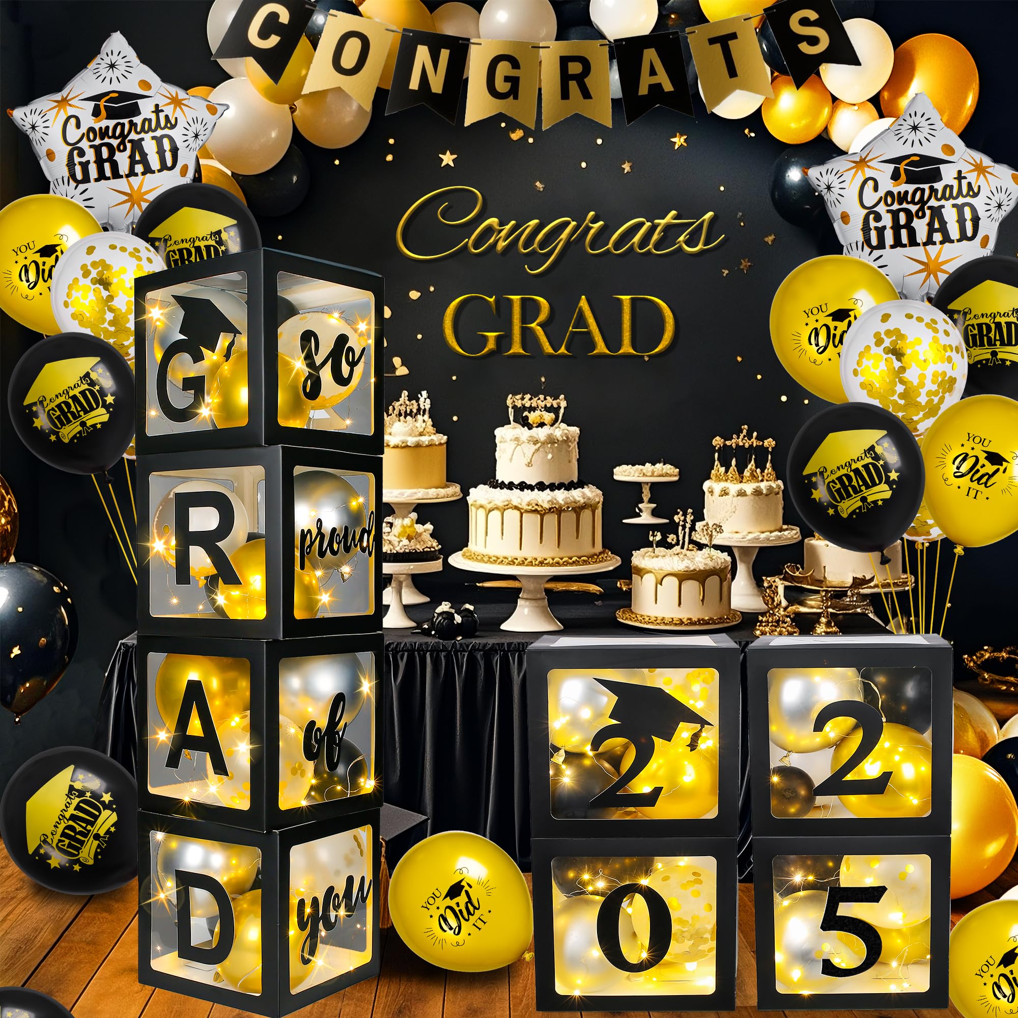 AYGXU Graduation Decorations 2025,graduation balloons box(4pcs) with string lights