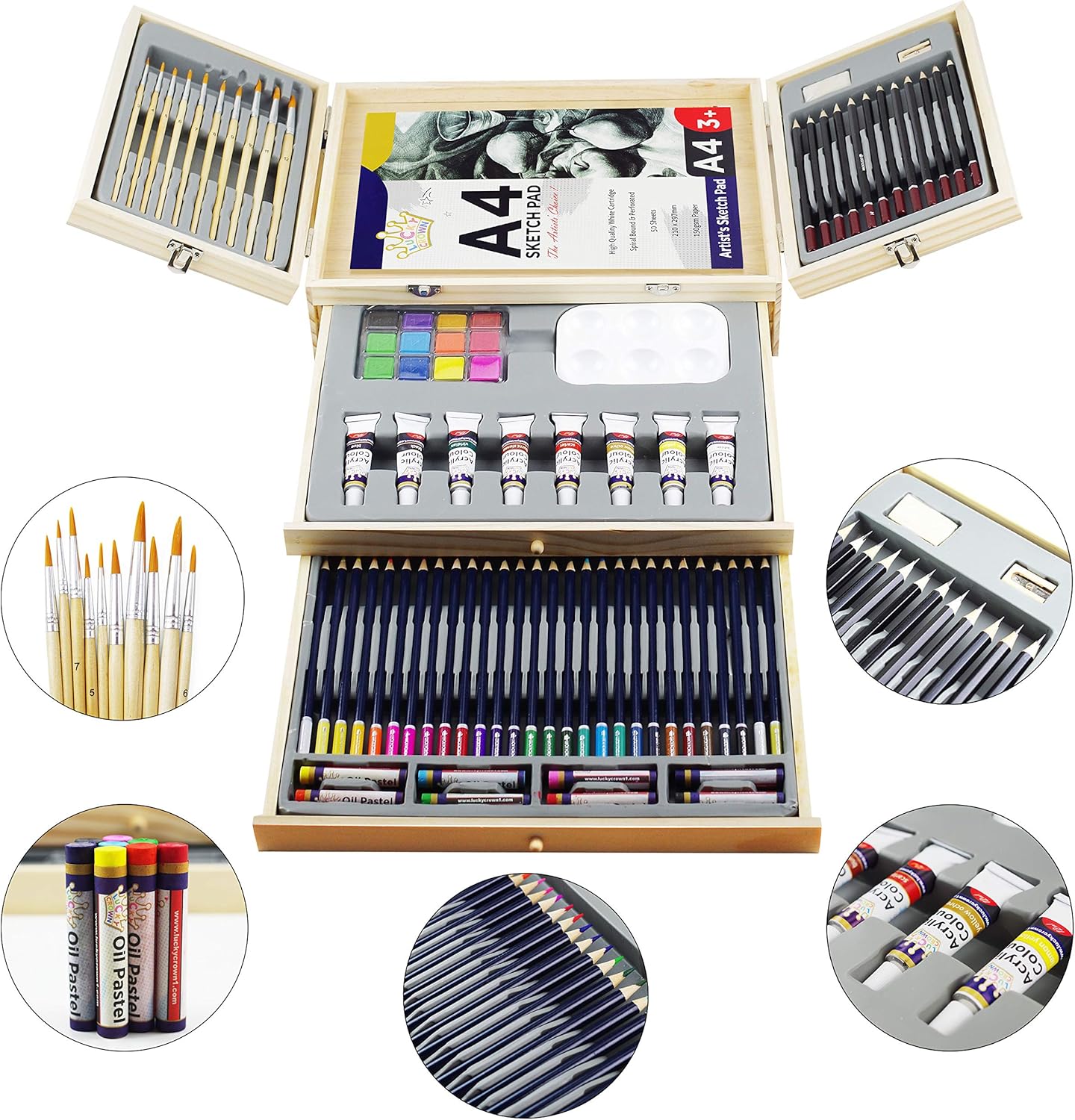 Deluxe Art Supplies, 88 Pieces Art Set in Portable Wooden Case, with 2 Drawing Books and 4 Canvas Panels, Professional Art Set for Painting & Drawing, Art Kit for Kids, Teens and Adults/Gift