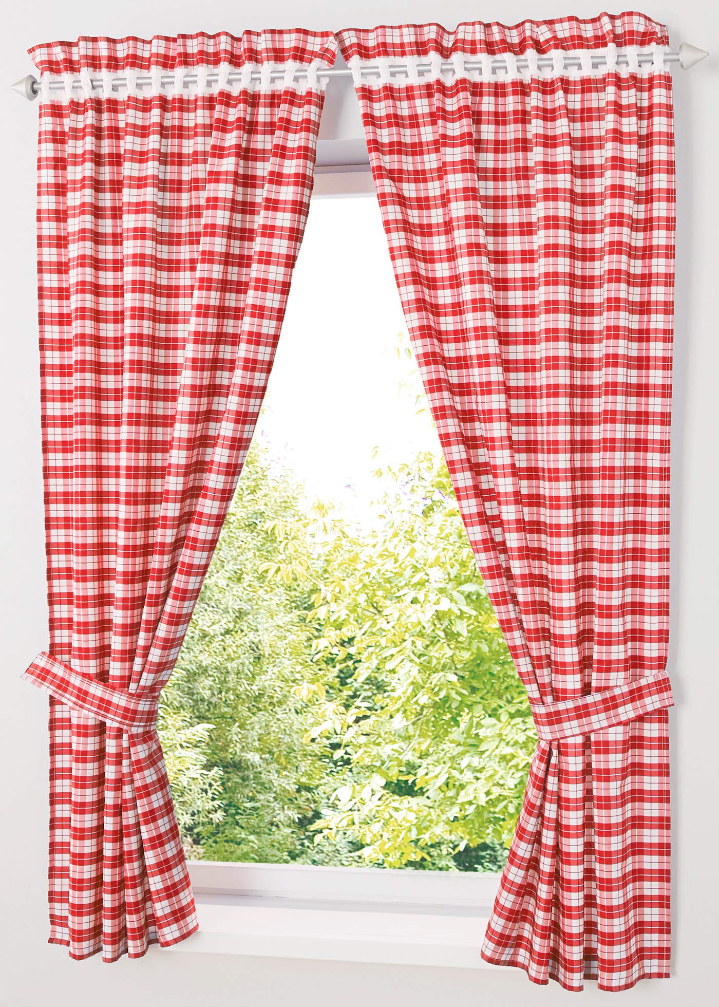 Yaland Opaque Curtains with Checked Pattern, Country House Curtains, Living Room Curtains with Tiebacks (H x W 120 x 80 cm, Red) Pack of 2
