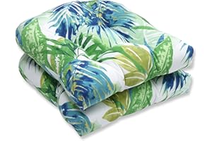 Pillow Perfect Tropic Floral Indoor/Outdoor Chair Seat Cushion, Tufted, Weather, and Fade Resistant, 19" x 19", Blue/Green Soleil, 2 Count