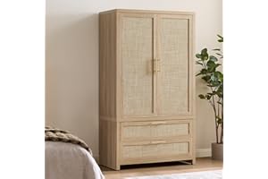 SICOTAS Rattan Armoire Wardrobe Closet Cabinet, 71" Wardrobe Storage Cabinet with 2 Drawers, and Hanging Rod, Boho Large-Capacity Deep Armoire Clothes Organizer for Bedroom, Cloak Room, Light Oak