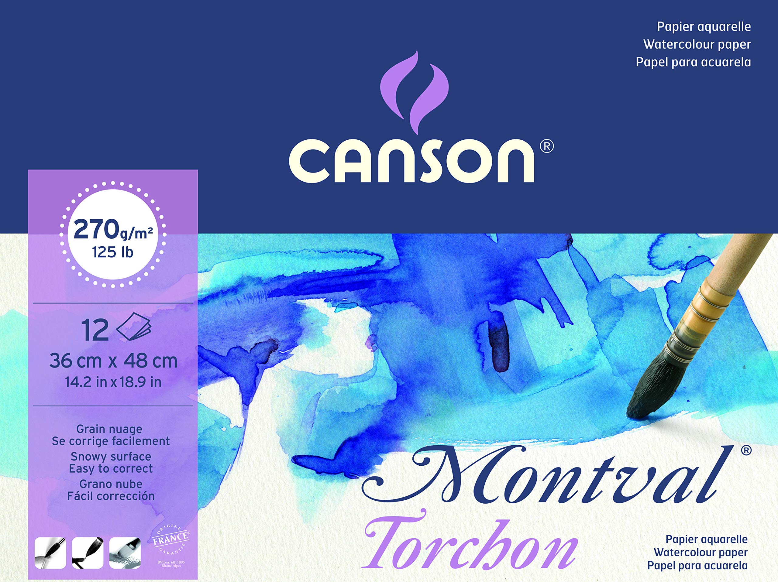 Canson Montval 270gsm watercolour practice paper pad including 12 sheets, size:36x48cm, natural white and Snowy grain texture