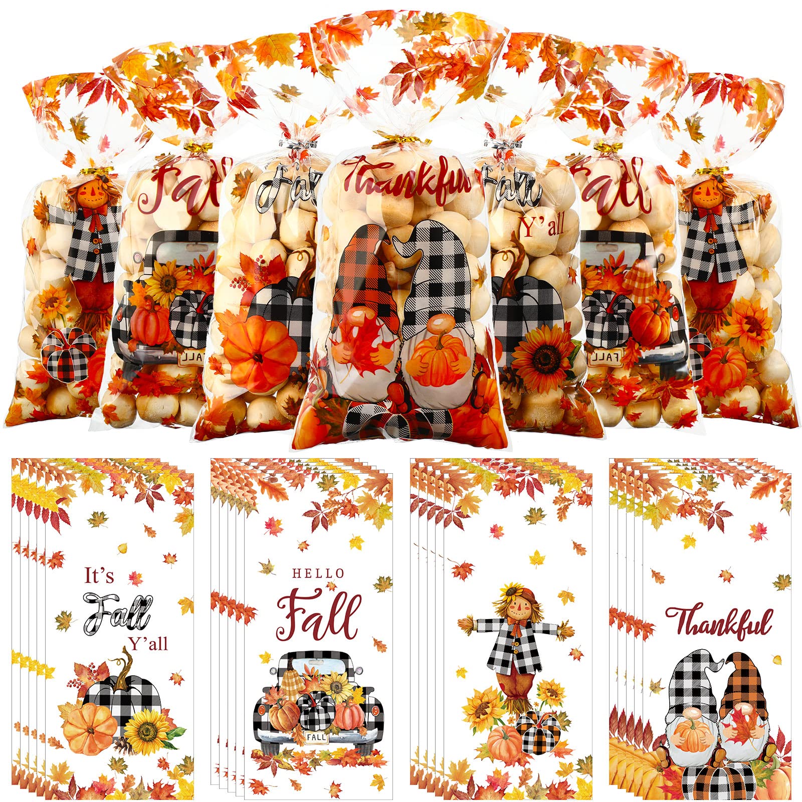 Photo 1 of 200 Pieces Thanksgiving Treat Bags Fall Cellophane Favor Bags Autumn Plaid Treat Bags Maple Leaves Pumpkin Fall Candy Bags with Twist Ties for Thanksgiving Fall Autumn Party Supplies