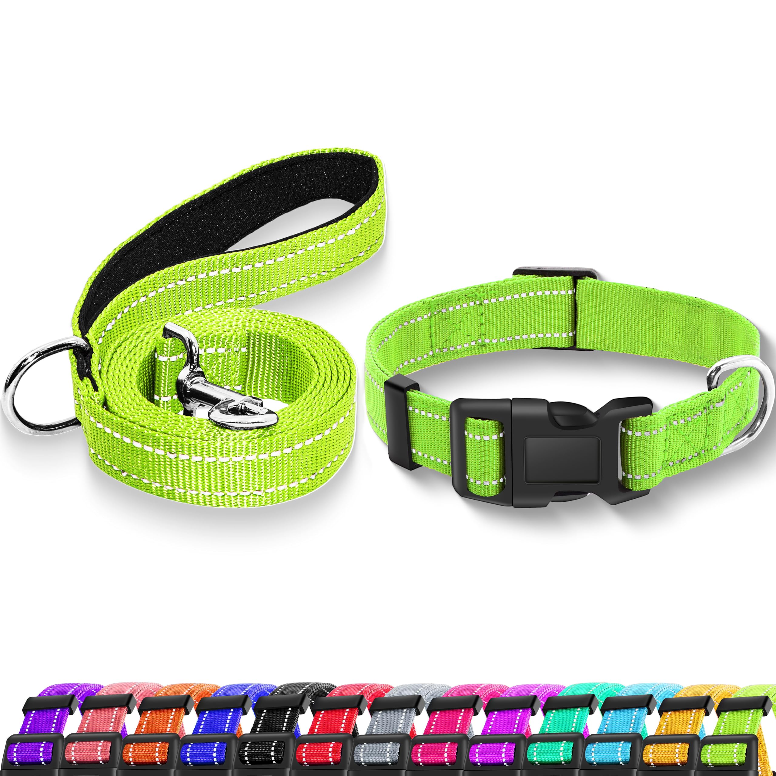 Photo 1 of Maiiu Reflective Dog Collar with Safety Locking Buckle, Adjustable Soft Breathable Nylon Collars for Small, Medium and Large Dogs (Collar + Leash L Green)