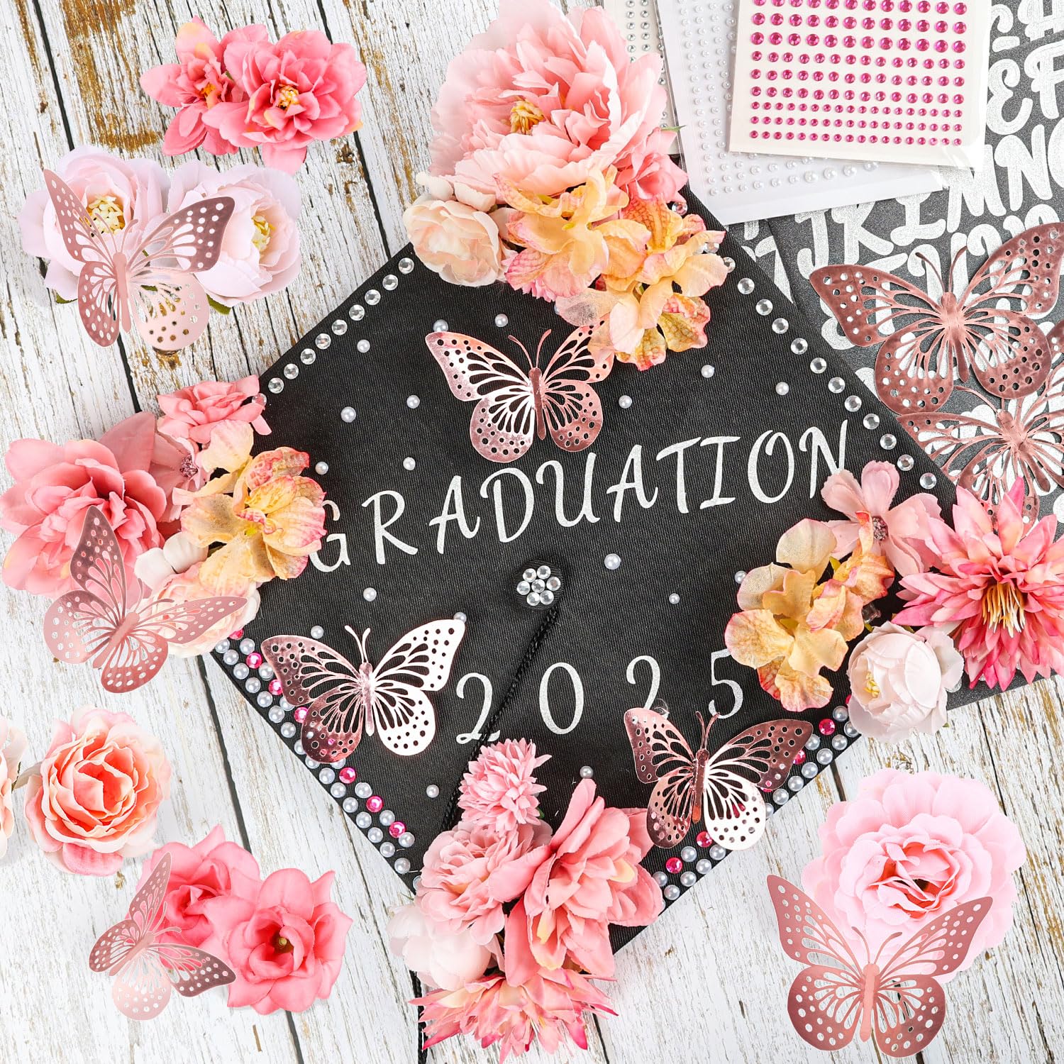 Photo 1 of 2025 Graduation Cap Decorations Kit Grad Cap Decorations Letters Flowers for Graduation Cap Topper Decoration Kit