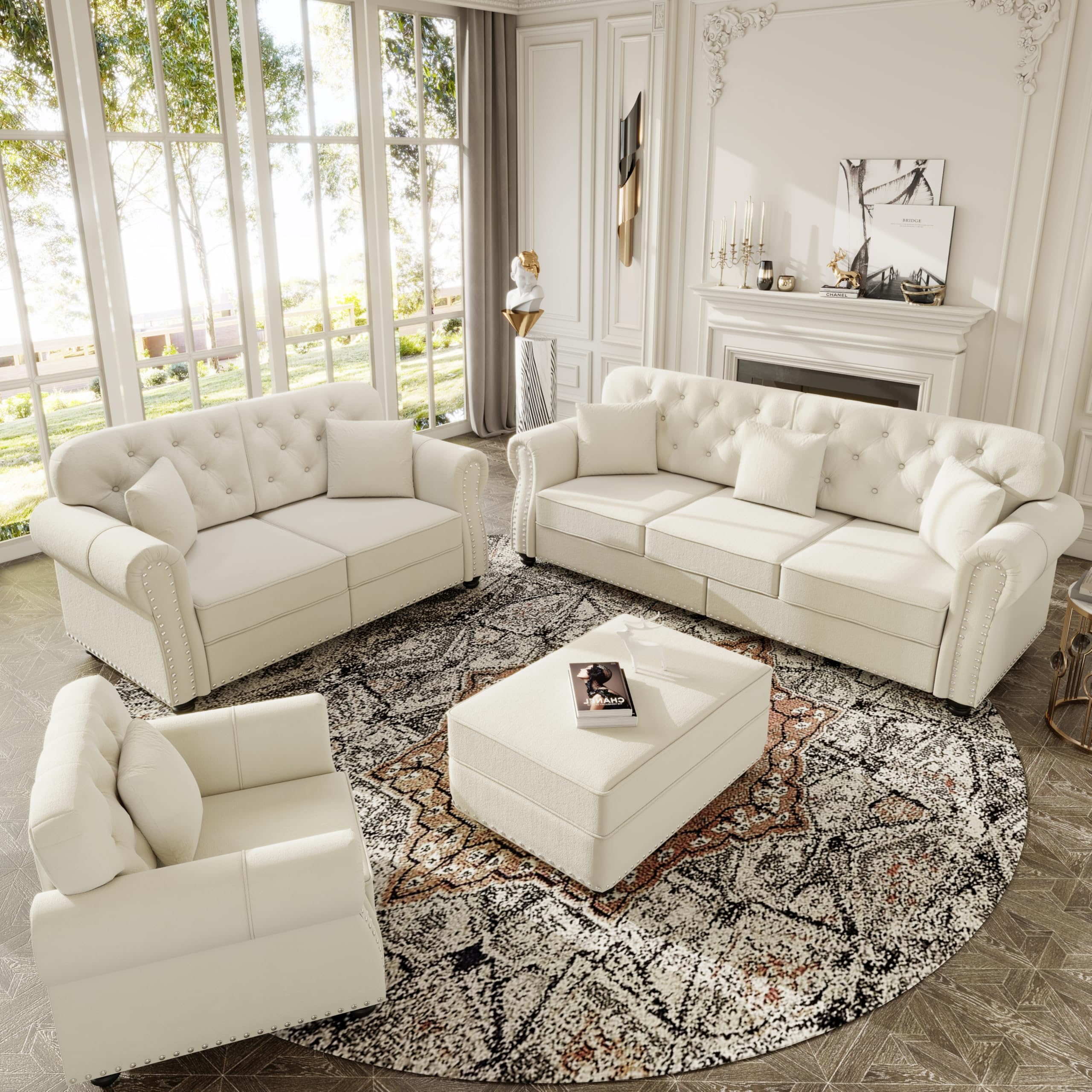 Photo 1 of *PARTIAL SET - See Clerk Notes*
KEIKI 3-Piece Chesterfield Sofa Set with 1 Velvet 3-Seater Sofa & 1 Loveseat & 1 Single Sofa, 6-Seater Couch Set with Nailhead Trim & Rolled Arms & 1 Ottoman & 6 Pillow, for Living Room, White