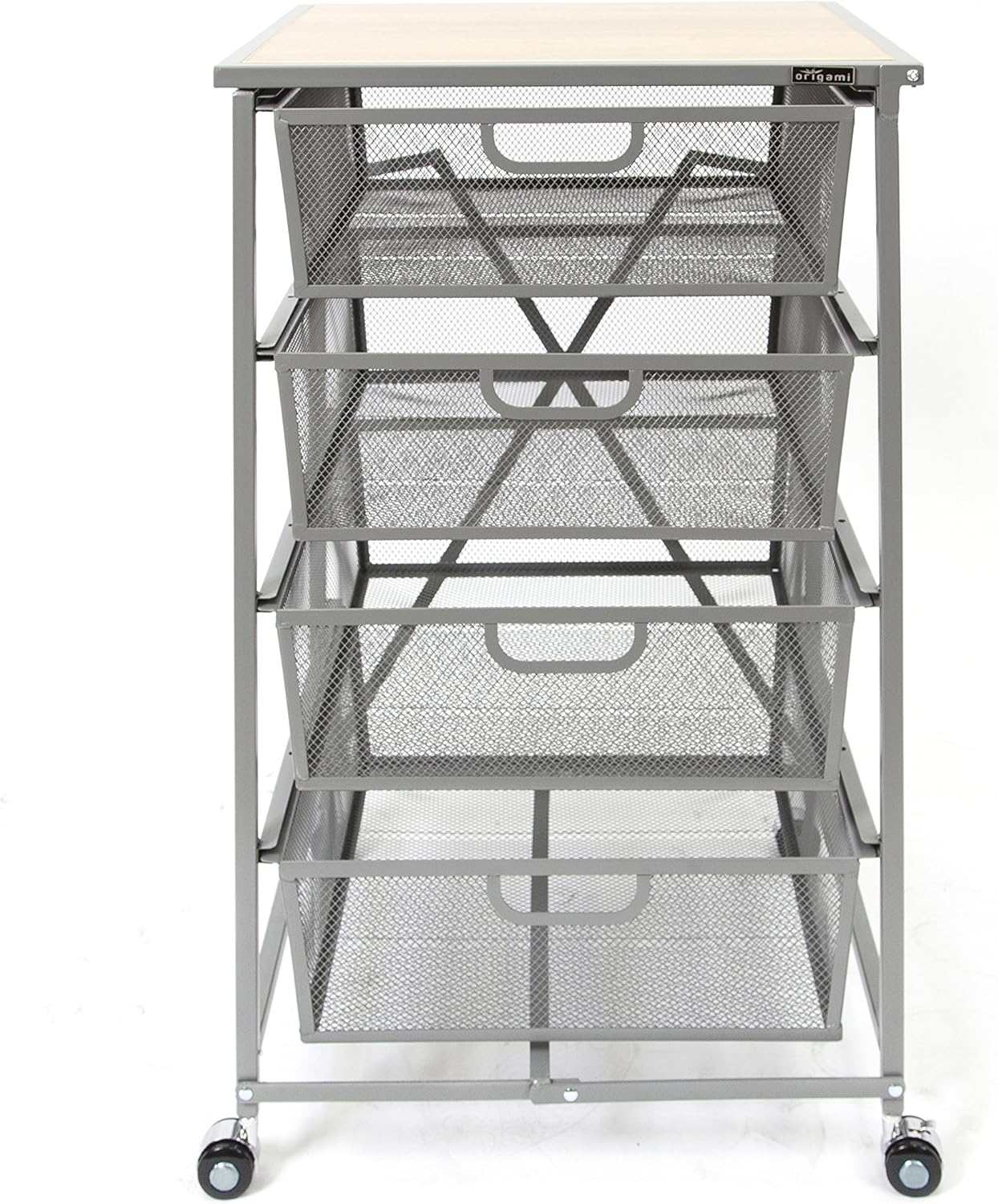 Origami Foldable 4 Tier Drawer Wood Shelf, Silver Home
