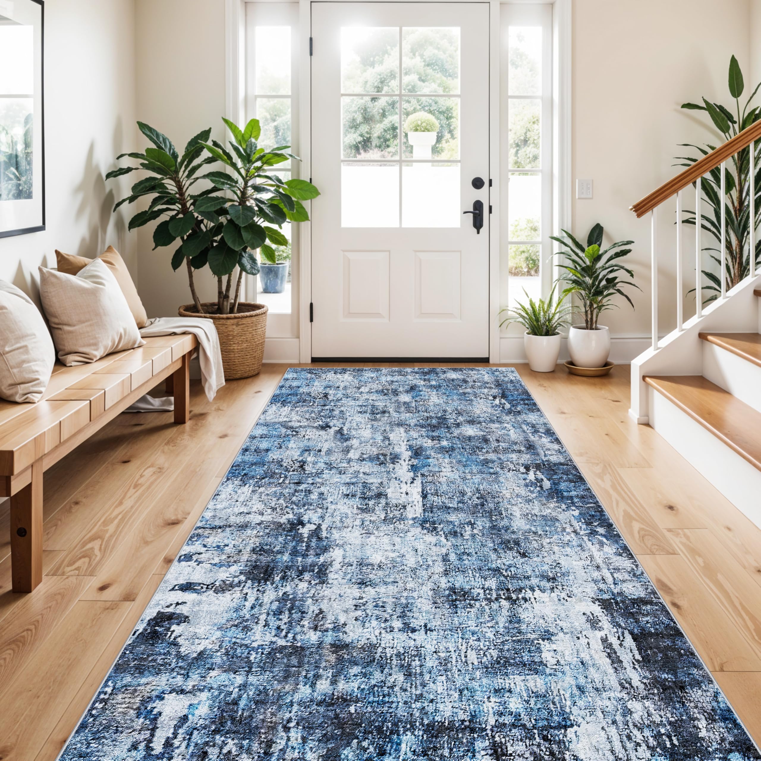 4x8 Washable Area Rug – Non-Slip Rubber Backed Indoor Rug for Entryway, Kitchen, Hallway | Modern Abstract Neutral Low Pile Thin Floor Mat for Bedroom, Living Room, Office（Blue） Image