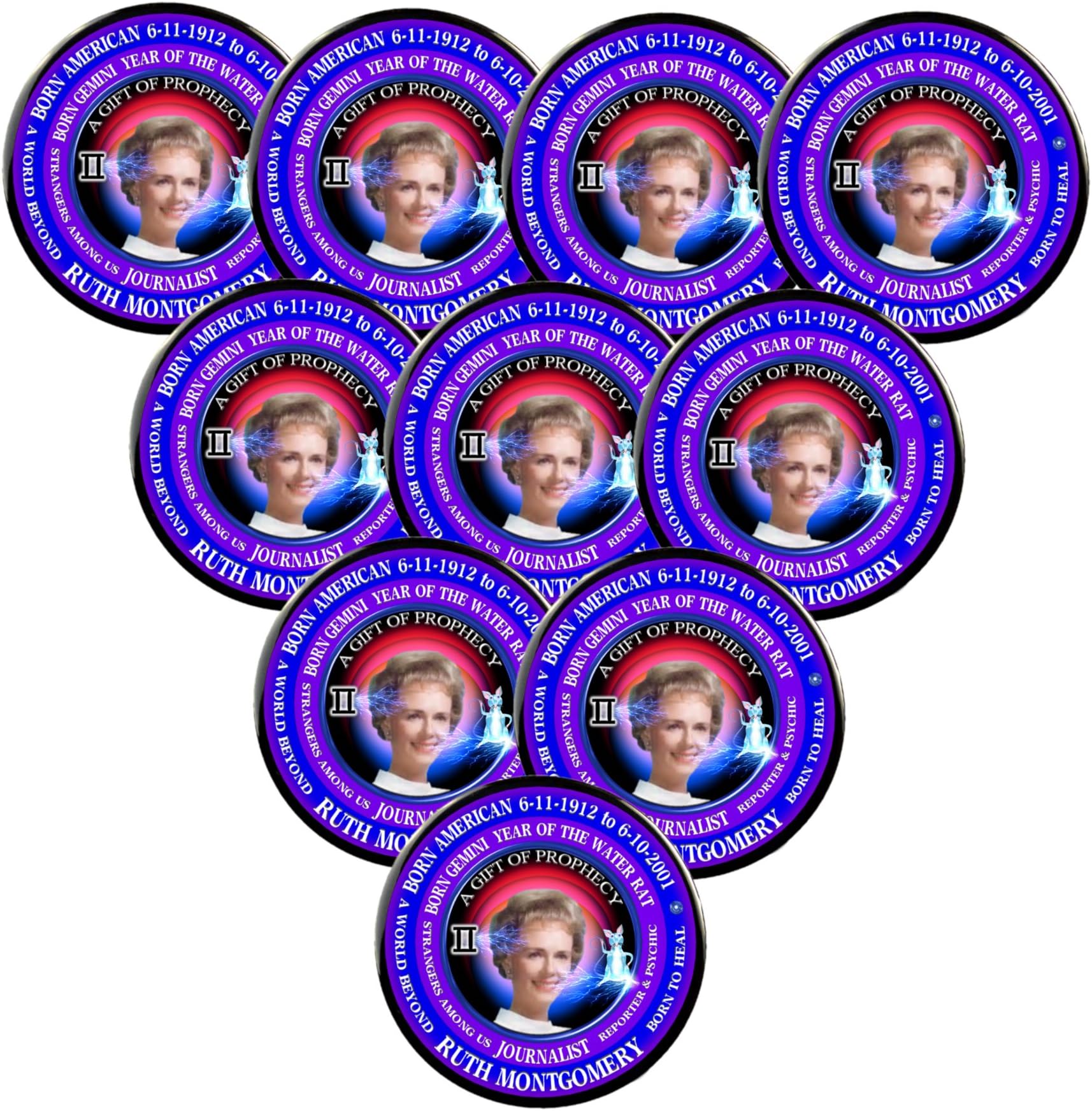 Pack-10 Ruth Montgomery Writer Pins, Astrology Gemini Zodiac Water Rat