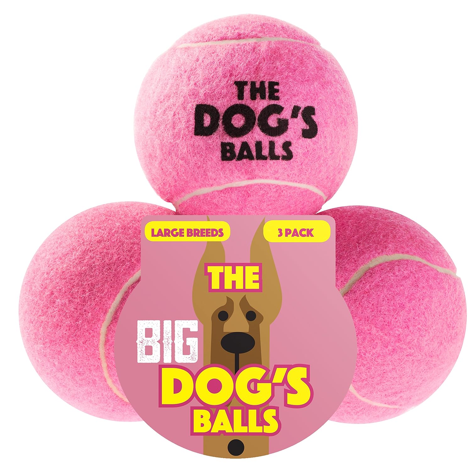 The Big Dog's Balls, 3 Large Pink Tennis Balls, Premium, Strong Dog Toy