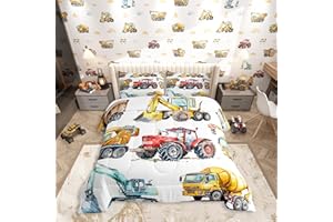 Erosebridal Kids Excavator Comforter Set Queen Size, Retro Truck Down Comforter for Boys Girls Teens, Tractor Machinery Const