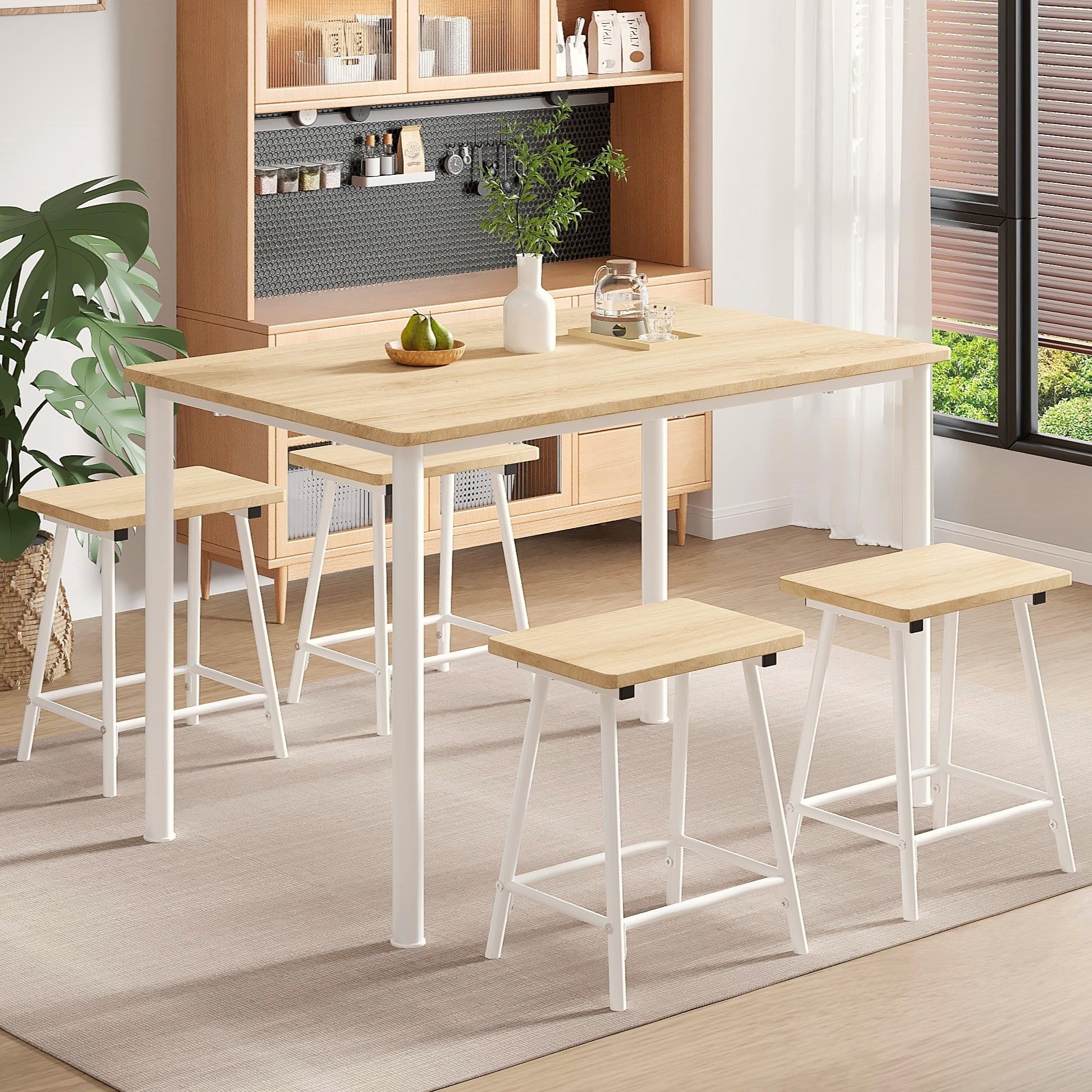 Photo 1 of  **PARTS MAY BE MISSING** VECELO Kitchen Table and Chairs for 4, Dining Room Set with Chairs/Stools, Heavy-Duty Metal Frame with Wooden Tabletop for Small Spaces, Easy Assembly, Natural Oak