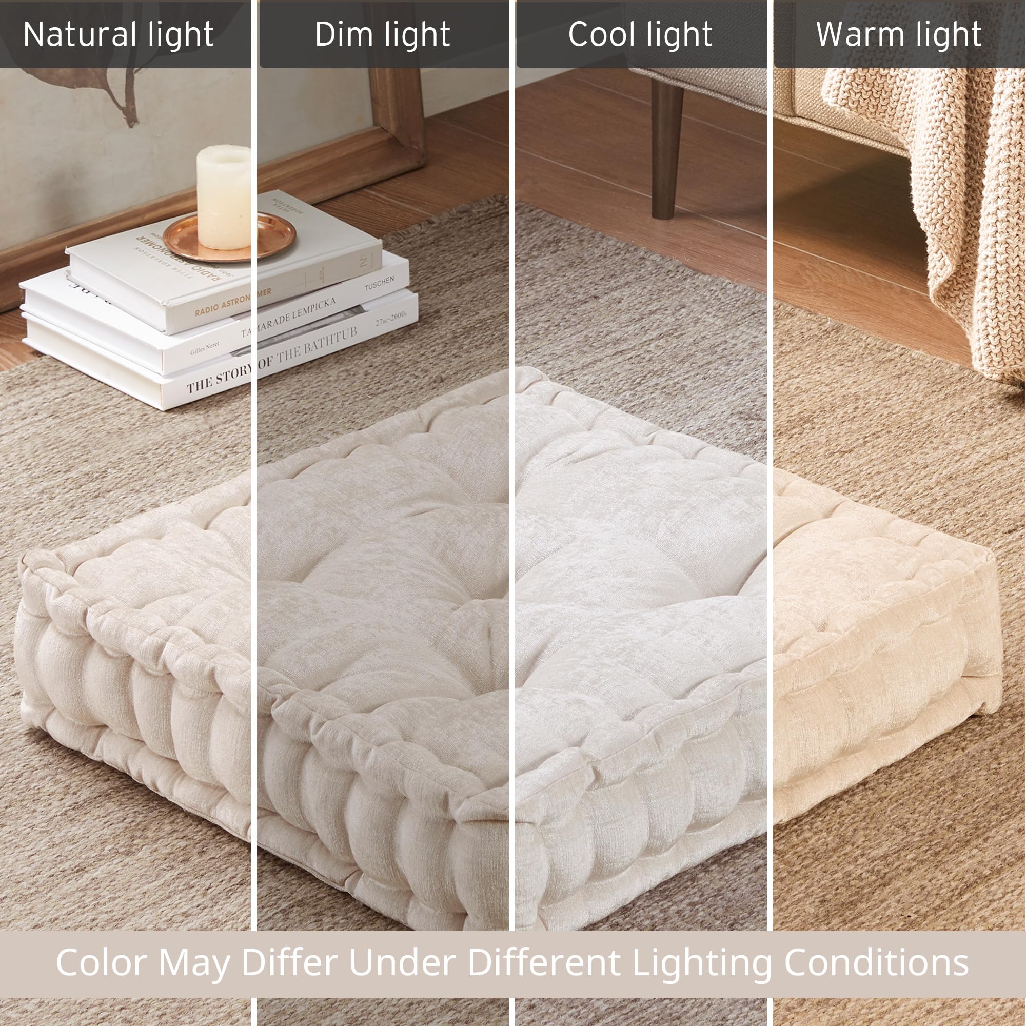 Intelligent Design Azza Floor Pillow, Large Cushions Sitting for Adults, Floor Pillow for Meditation or Yoga, Lustrous Chenille Tufted with Scalloped Edges for Bench/Chair Cushion, 20"x20"x5" Ivory - Image 9