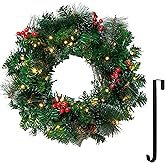 Joiedomi 20” Artificial Christmas Wreath Prelit with 15” Hanger, Decorated with 50 LED Lights, Red Berries, Pine Cones Glitter Pine Needles for Front Door Wall Christmas Decorations (Battery Operated)