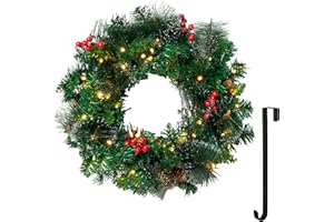 Joiedomi 20” Artificial Christmas Wreath Prelit with 15” Hanger, Decorated with 50 LED Lights, Red Berries, Pine Cones Glitter Pine Needles for Front Door Wall Christmas Decorations (Battery Operated)