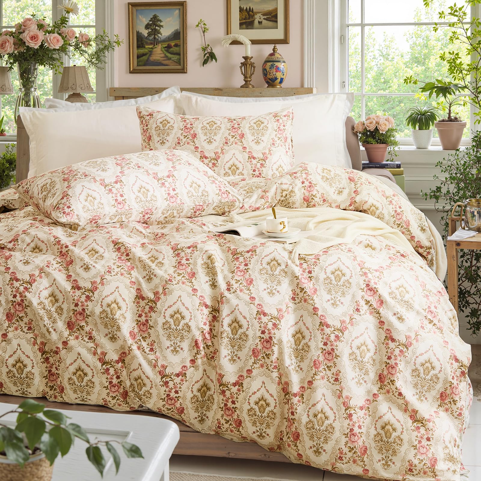 Photo 1 of Boho Floral Bedding Queen Cotton Duvet Cover Set Vintage Pink Flower Breathable Soft Lightweight Bed Set Aesthetic Home Decor 3 Pcs
