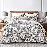Whale Flotilla Reversible Printed Quilts Queen Size, Extra Soft Boho Paisley Floral Bedspreads for Bed Lightweight Full Queen Quilt Bedding Set Coverlets with 2 Pillow Shams for All Seasons, Bone Grey