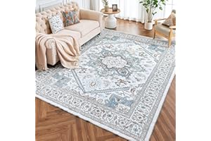 ROCYJULIN 5x7 Area Rugs for Living Room, Faux Wool Area Rugs 5x7 for Bedroom, Low-Pile 5x7 Area Rugs with Non-Slip TPR Backing, 5 x 7 Washable Carpet for High Traffic, Grey & Blue