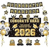 Mtgluk 2026 Graduation Decorations Set, Gold and Black Party Supplies - Includes Congrats Grad Banner, Class of 2026 Backdrop, Balloons, Streamers, and Hanging Decor