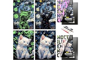 PAITUEND Scratch Art Painting Paper Set-Creative Arts and Crafts for Adults&Kids,Glow in The Dark DIY Craft Kit with 4 Tools 2 Sheets(A3),DIY Home Decor&Gift for Birthdays Holidays(Cat Series)