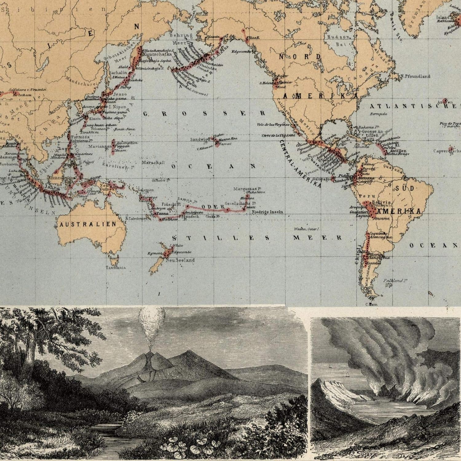 Amazon Com World Map Showing Volcanos C 1870 W Vignette Views Color German Map Entertainment Collectibles